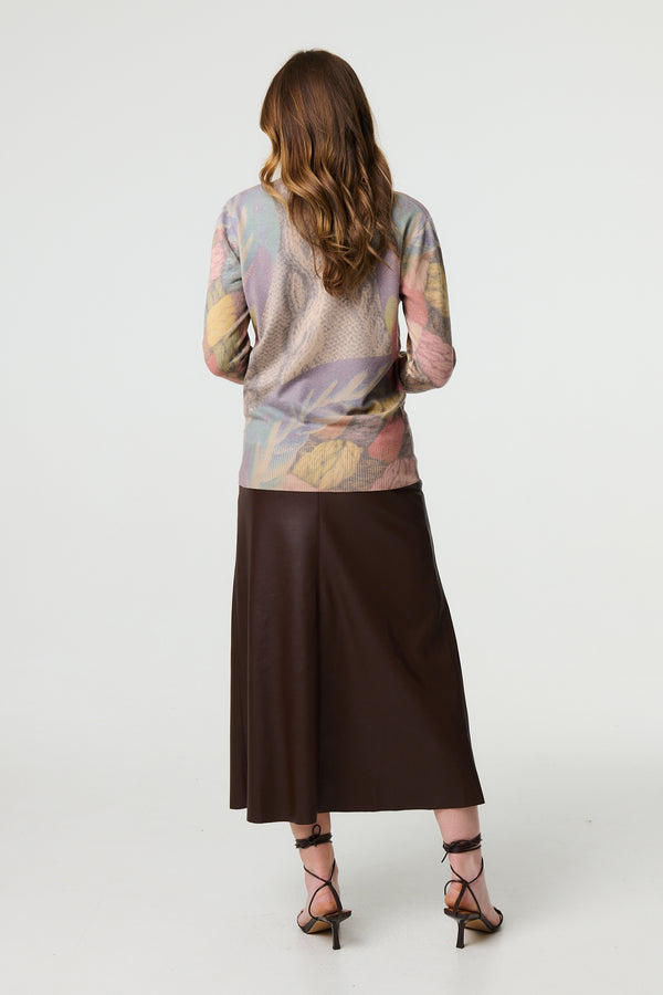 Beige | Abstract Long Sleeve Round Neck Knit Top