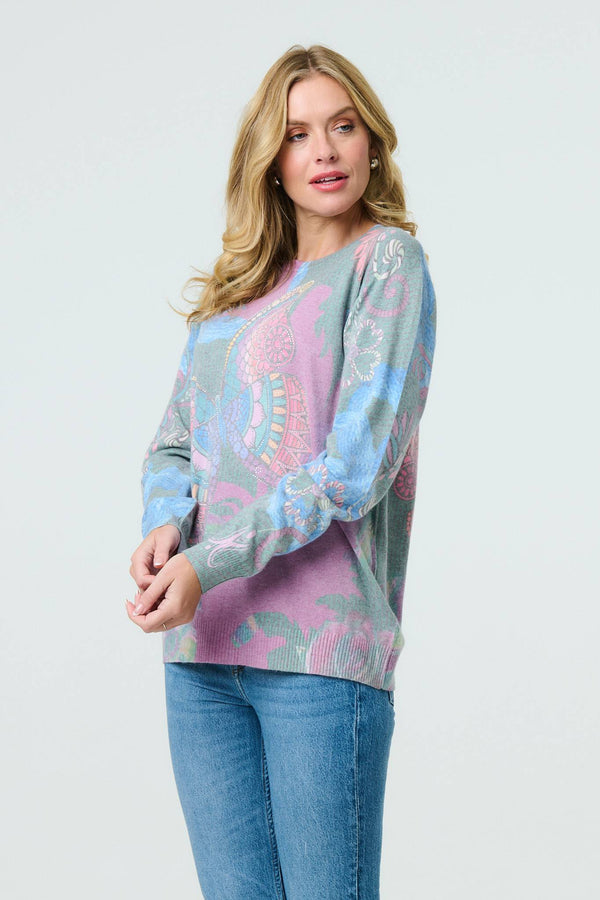 Blue | Abstract Print Stud Detail Knit Top
