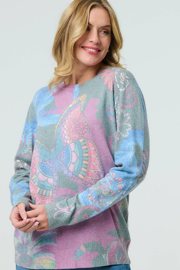 Blue | Abstract Print Stud Detail Knit Top