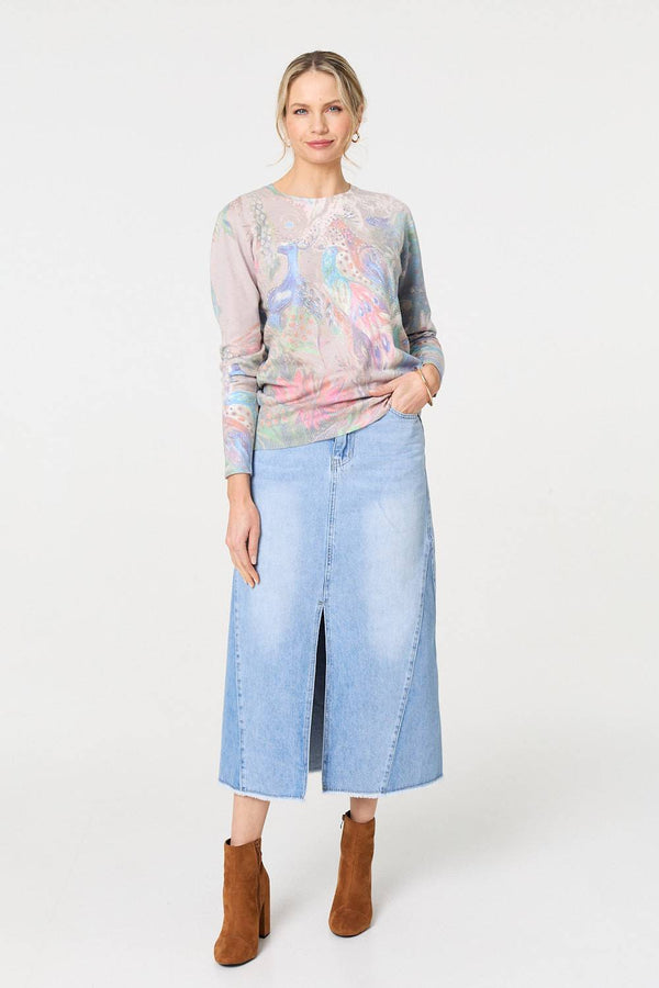 Beige | Peacock Print Diamante Studded Knit Top