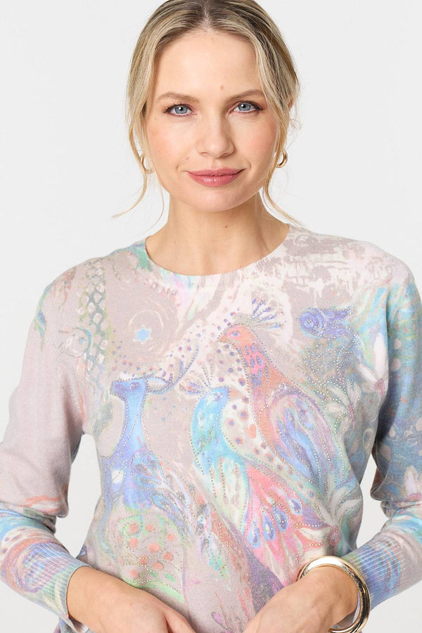 Beige | Peacock Print Diamante Studded Knit Top