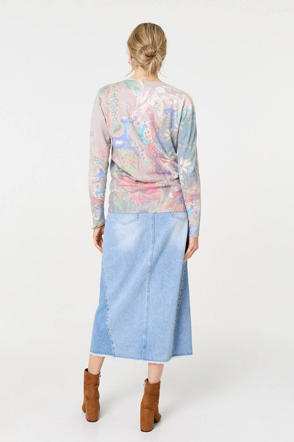Beige | Peacock Print Diamante Studded Knit Top