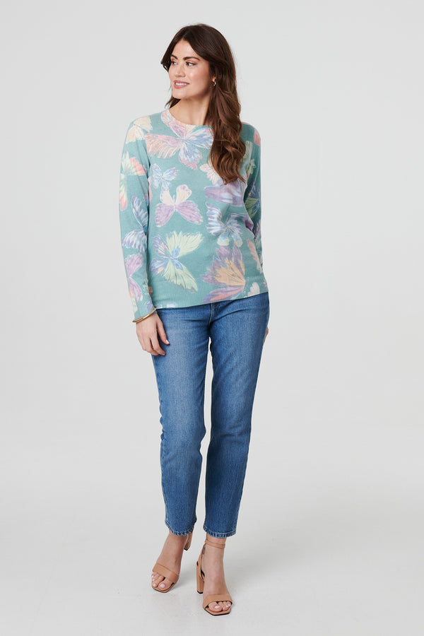 Green | Butterfly Print Diamante Detail Knit Top