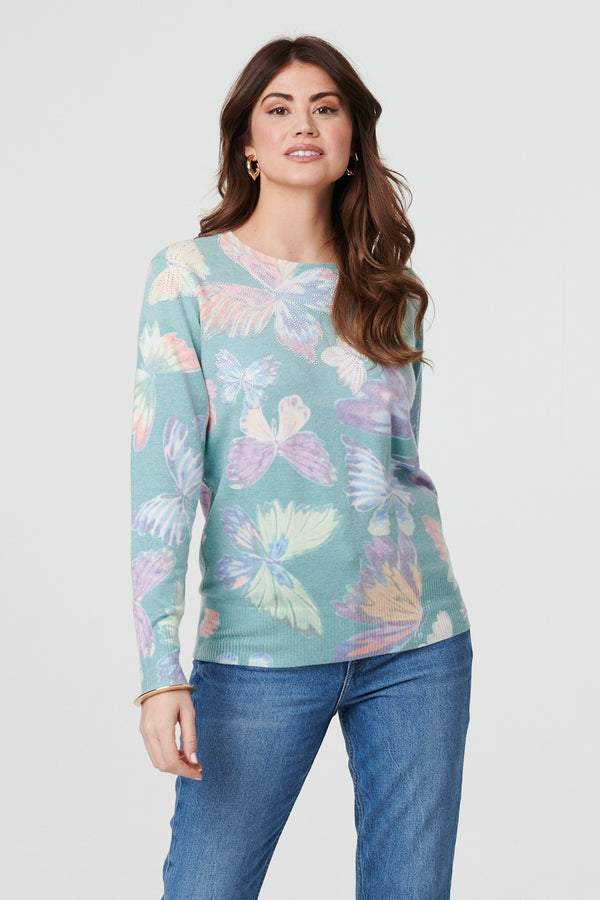 Green | Butterfly Print Diamante Detail Knit Top