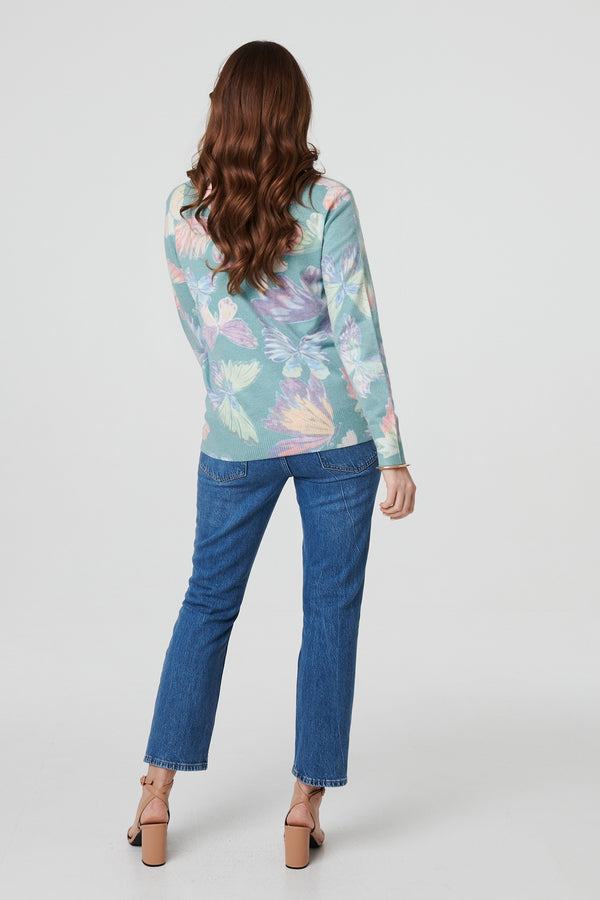 Green | Butterfly Print Diamante Detail Knit Top