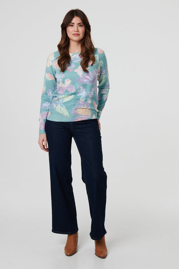 Green | Butterfly Print Diamante Detail Knit Top