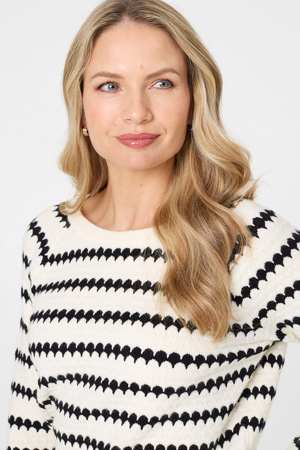 White | Stripe Textured Long Sleeve Jumper