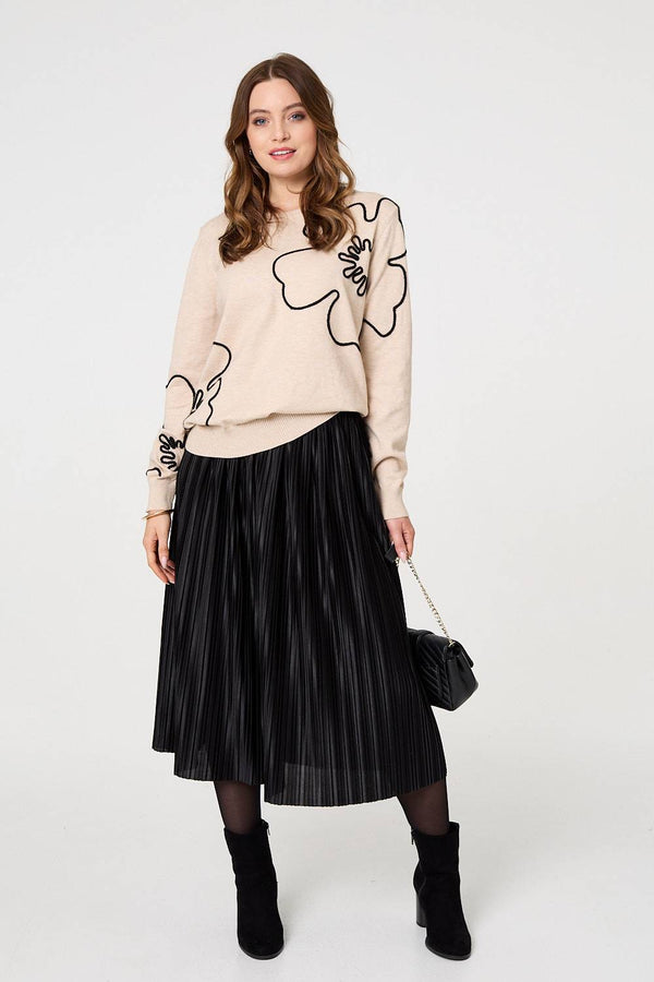 Beige | Floral Detail Long Sleeve Relaxed Jumper