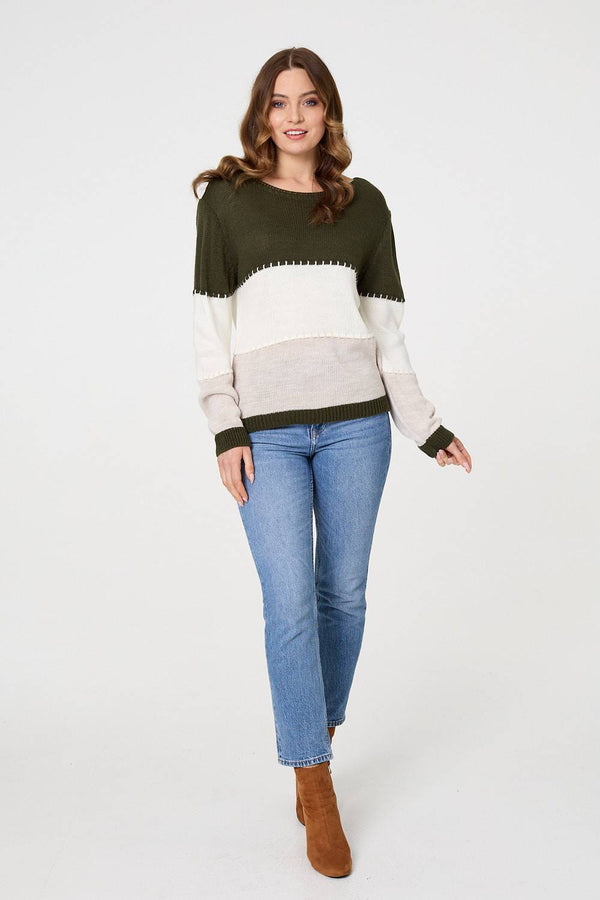 Khaki | Striped Contrast Stitching Slim Jumper