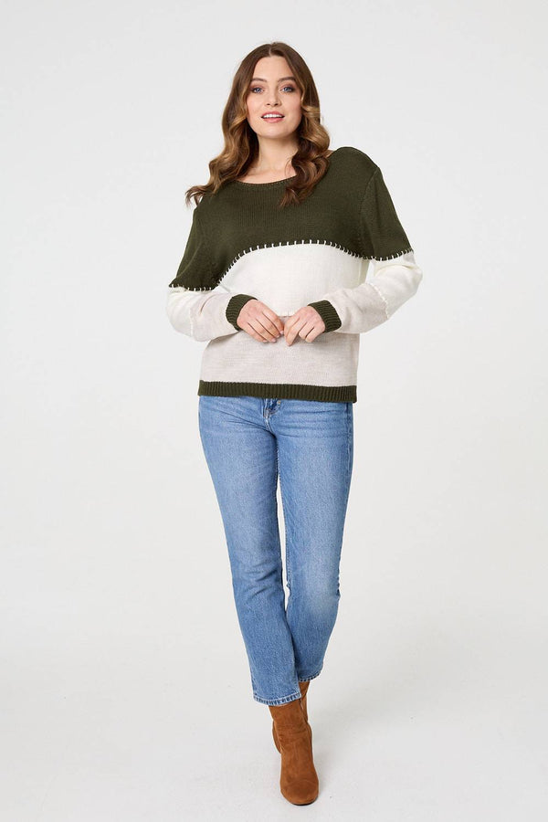 Khaki | Striped Contrast Stitching Slim Jumper