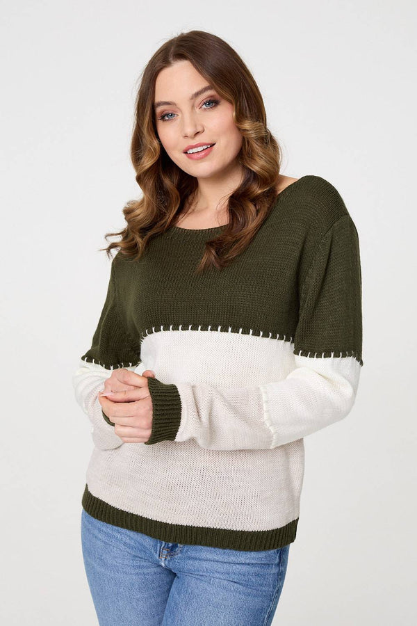 Khaki | Striped Contrast Stitching Slim Jumper