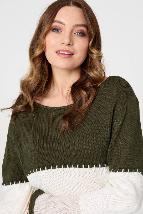 Khaki | Striped Contrast Stitching Slim Jumper