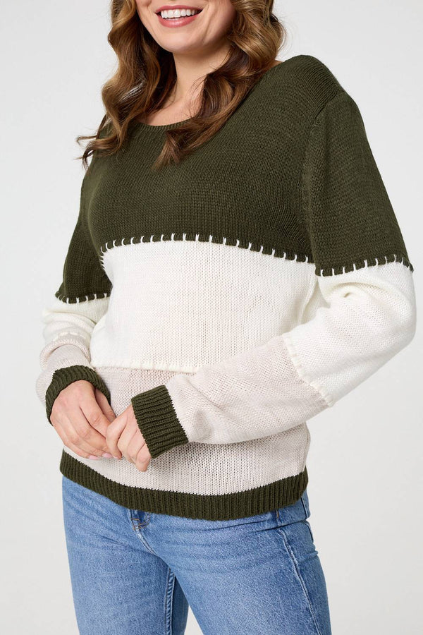Khaki | Striped Contrast Stitching Slim Jumper