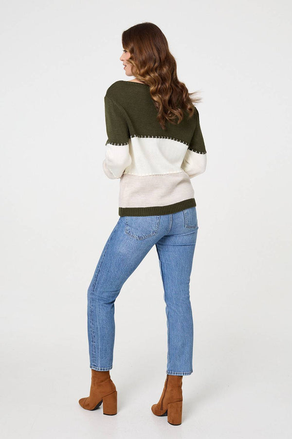 Khaki | Striped Contrast Stitching Slim Jumper