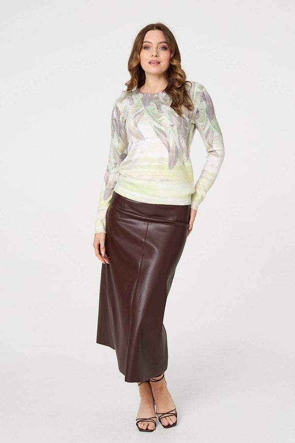 Green | Feather Print Long Sleeve Knit Top