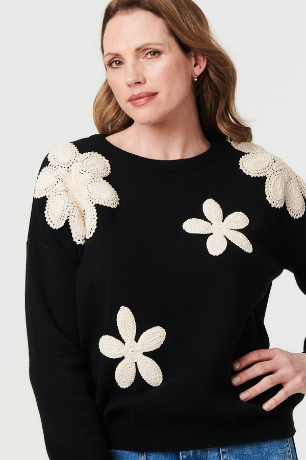 Black | Floral Embroidered Relaxed Knit Jumper