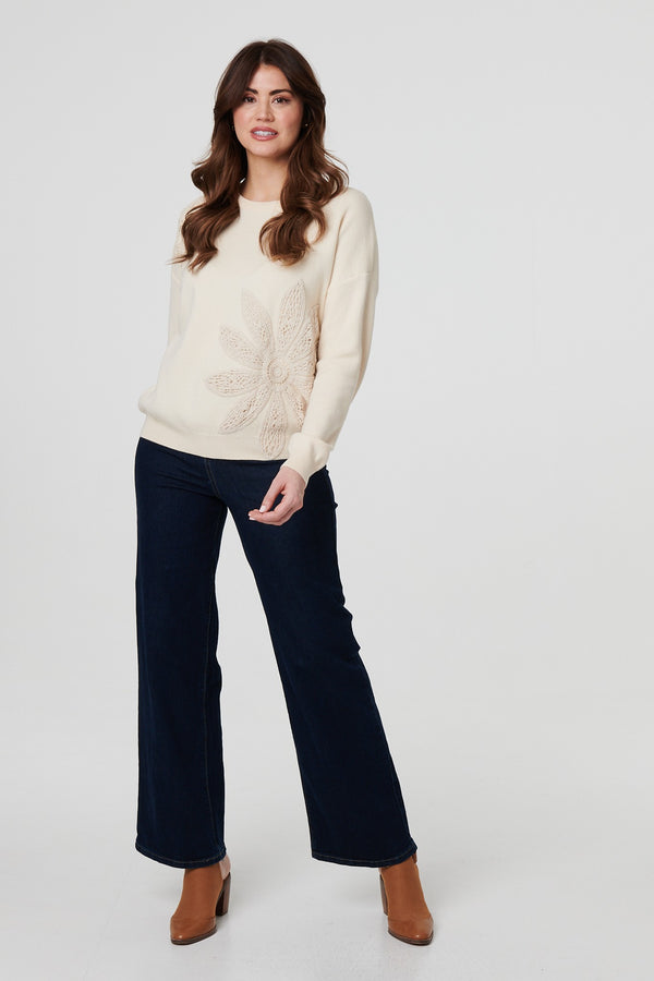Ivory | Floral Embroidered Drop Shoulder Jumper