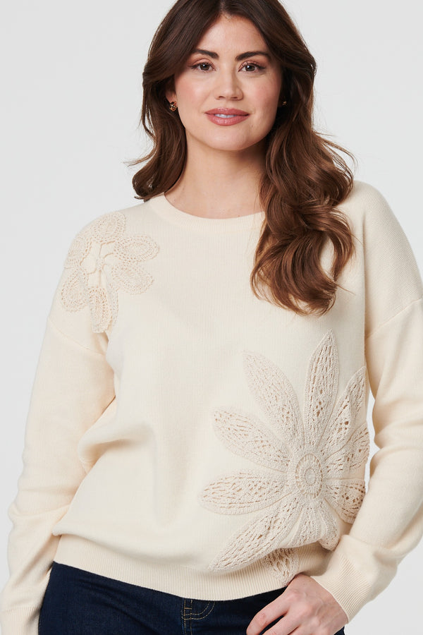 Ivory | Floral Embroidered Drop Shoulder Jumper