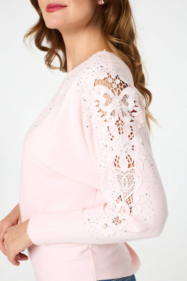 Pink | Sparkly Lace Embellished Relaxed Jumper