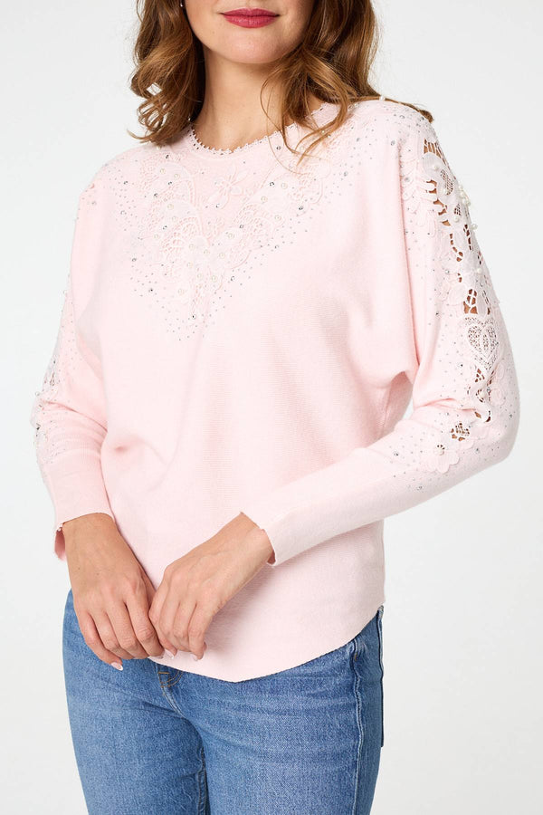 Pink | Sparkly Lace Embellished Relaxed Jumper