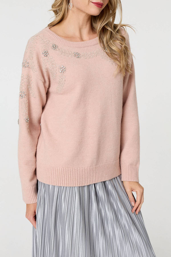 Pink | Sparkly Floral Detail Relaxed Jumper