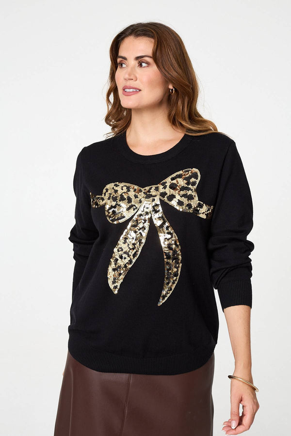 Black | Sparkly Bow Detail Long Sleeve Jumper