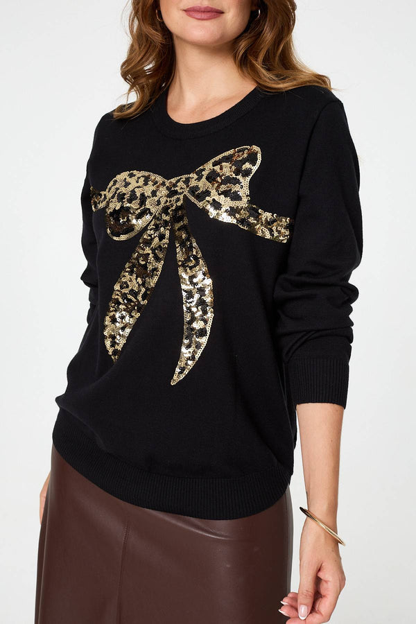 Black | Sparkly Bow Detail Long Sleeve Jumper