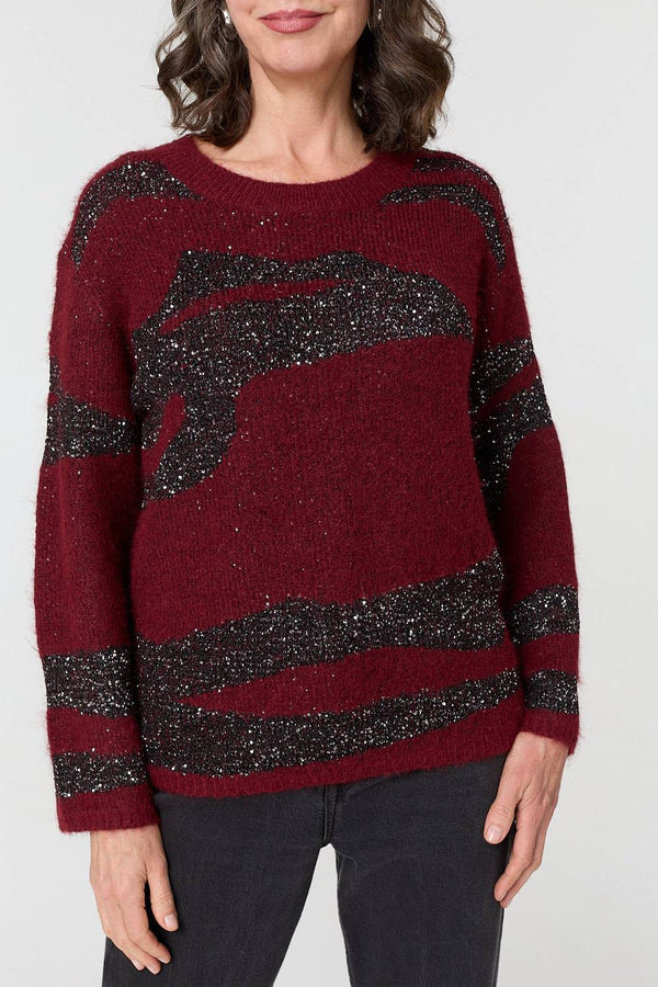 Burgundy | Metallic Sparkly Animal Print Jumper