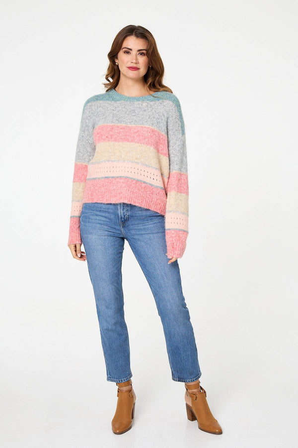 Pink | Striped Textured Long Sleeve Jumper