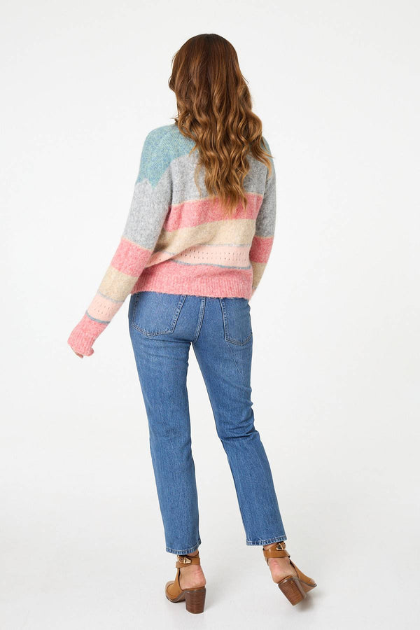 Pink | Striped Textured Long Sleeve Jumper