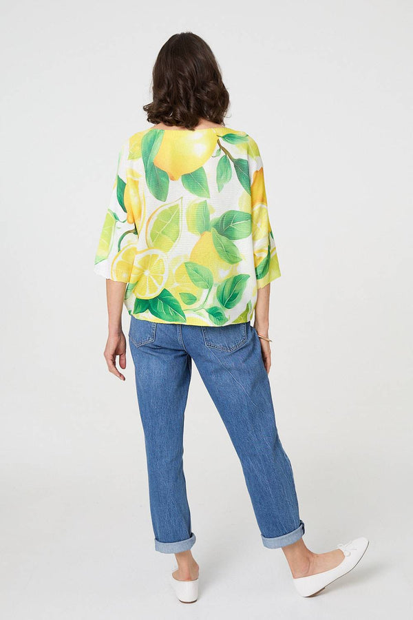 Yellow | Leaf Print 3/4 Sleeve Knit Texture Top