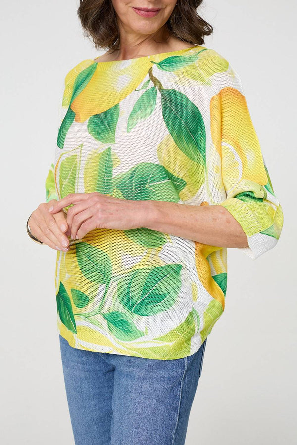 Yellow | Leaf Print 3/4 Sleeve Knit Texture Top