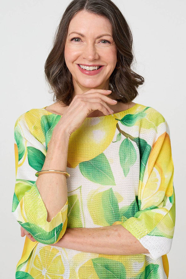 Yellow | Leaf Print 3/4 Sleeve Knit Texture Top