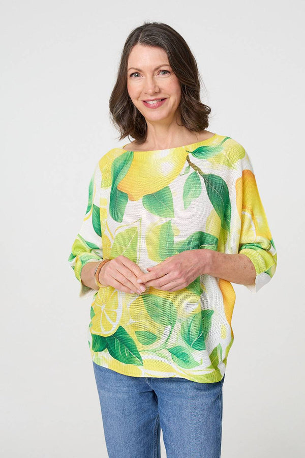Yellow | Leaf Print 3/4 Sleeve Knit Texture Top