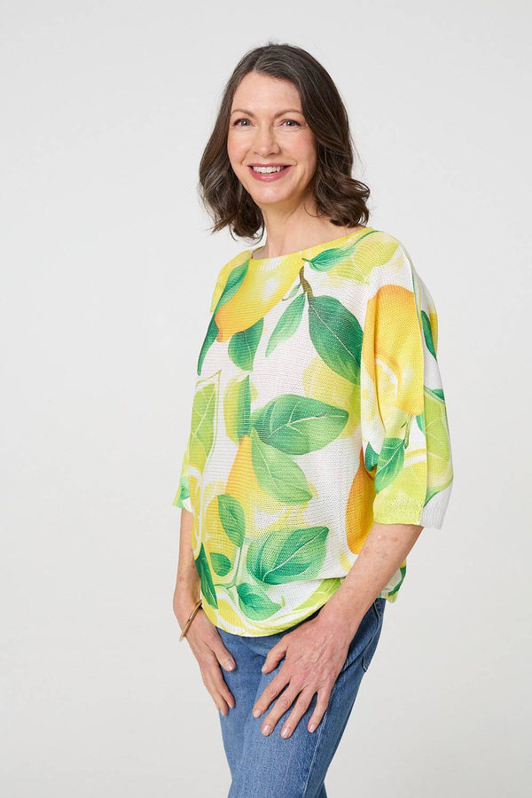 Yellow | Leaf Print 3/4 Sleeve Knit Texture Top