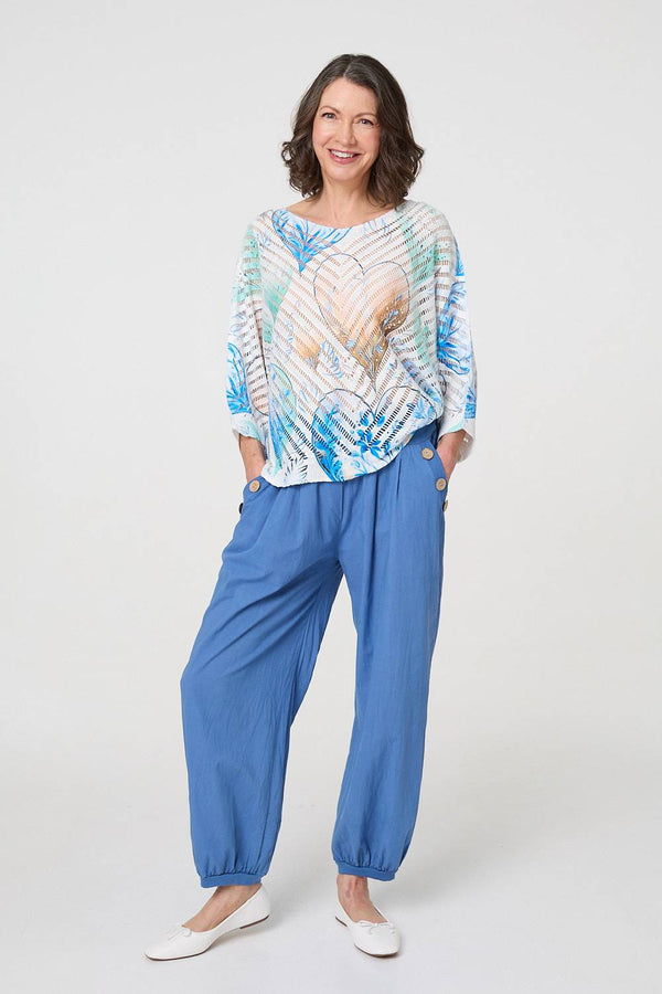 Blue | Heart Print Open Knit 3/4 Sleeve Top