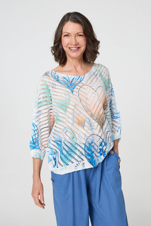 Blue | Heart Print Open Knit 3/4 Sleeve Top
