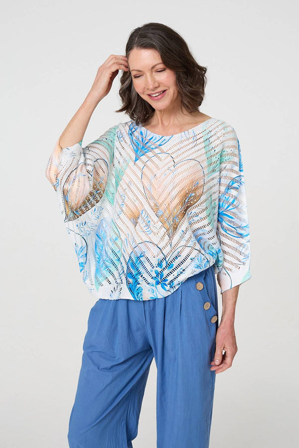 Blue | Heart Print Open Knit 3/4 Sleeve Top