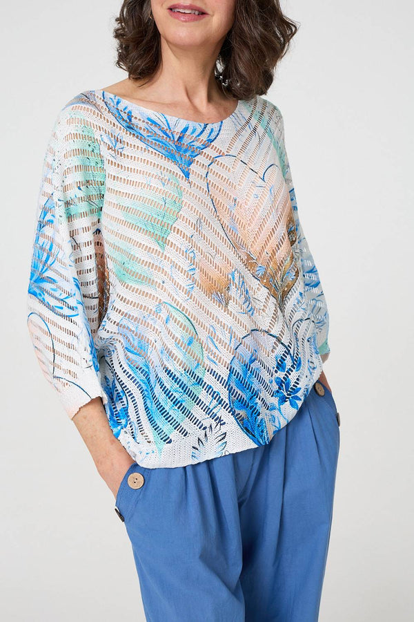 Blue | Heart Print Open Knit 3/4 Sleeve Top