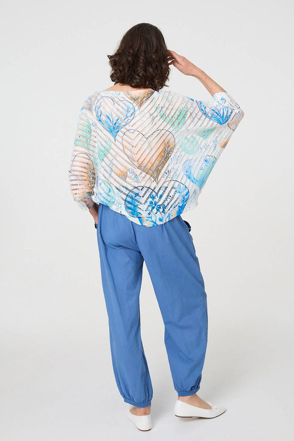 Blue | Heart Print Open Knit 3/4 Sleeve Top