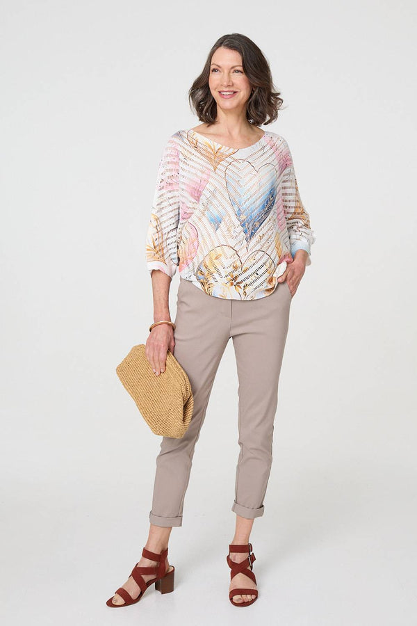 Pink | Heart Print Open Knit 3/4 Sleeve Top