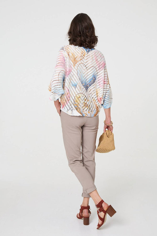 Pink | Heart Print Open Knit 3/4 Sleeve Top