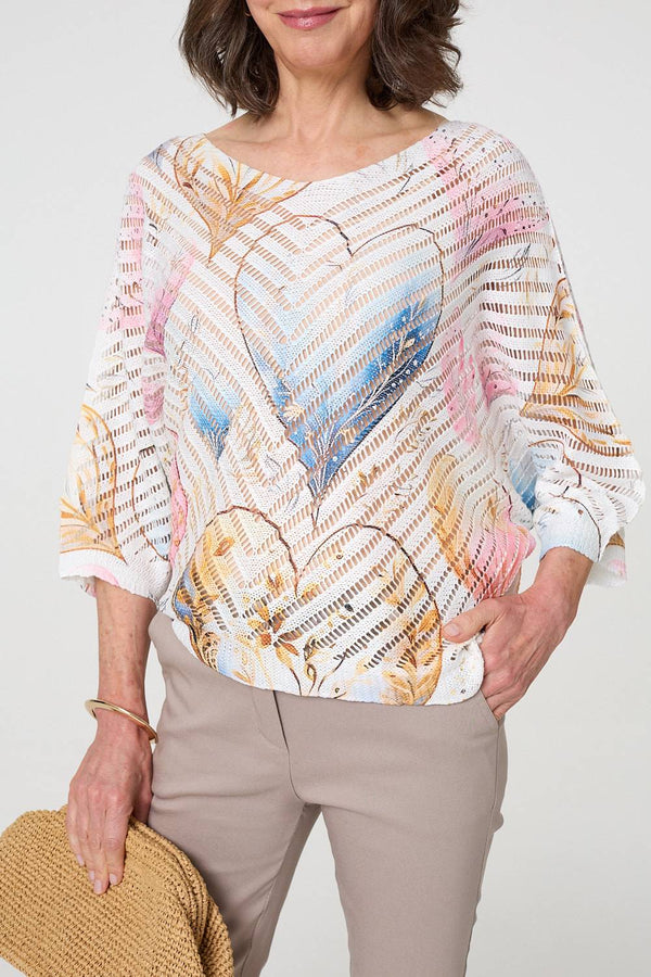 Pink | Heart Print Open Knit 3/4 Sleeve Top