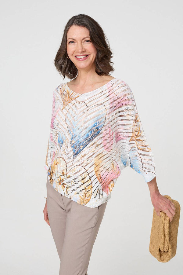 Pink | Heart Print Open Knit 3/4 Sleeve Top