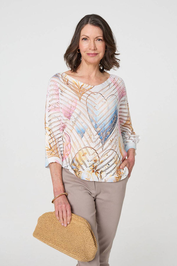 Pink | Heart Print Open Knit 3/4 Sleeve Top
