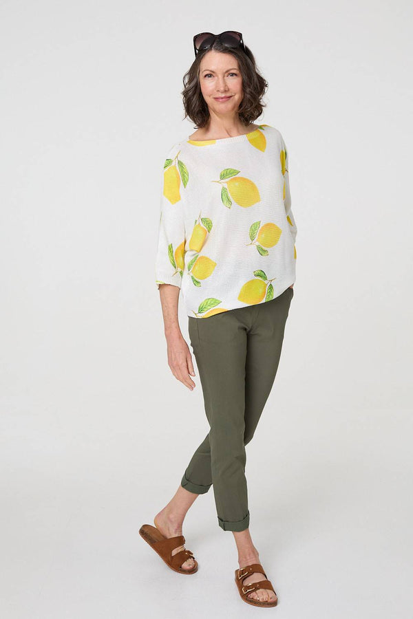 Yellow | Printed 3/4 Sleeve Knit Texture Top