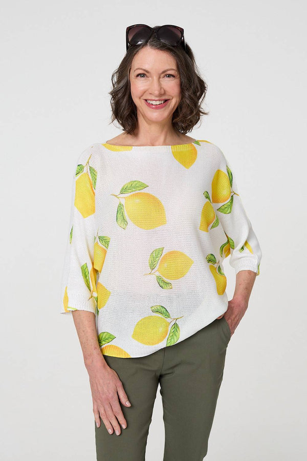 Yellow | Printed 3/4 Sleeve Knit Texture Top