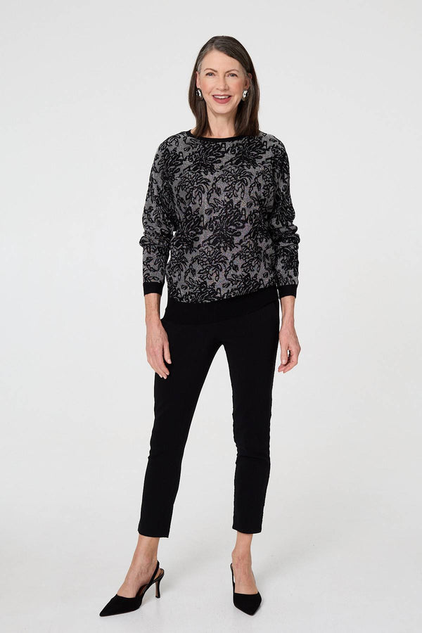 Black | Sparkly Floral Contrast Trim Jumper