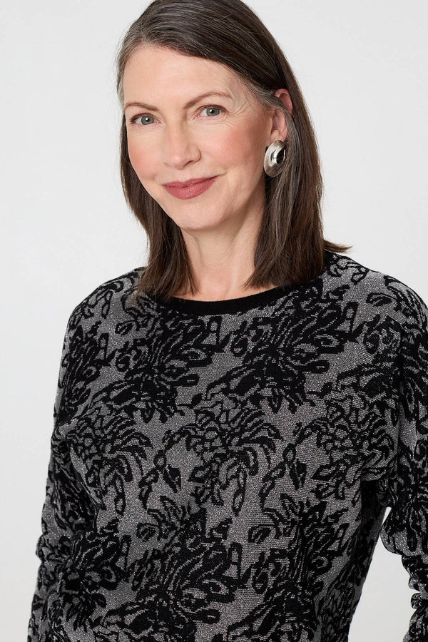 Black | Sparkly Floral Contrast Trim Jumper