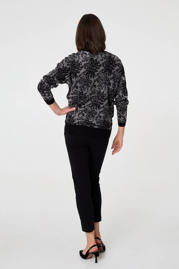 Black | Sparkly Floral Contrast Trim Jumper